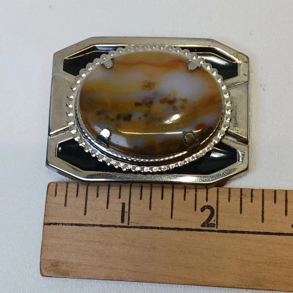 Vintage Western Agate Belt Buckle Silver Tone Black Enamel Rectangular Mens